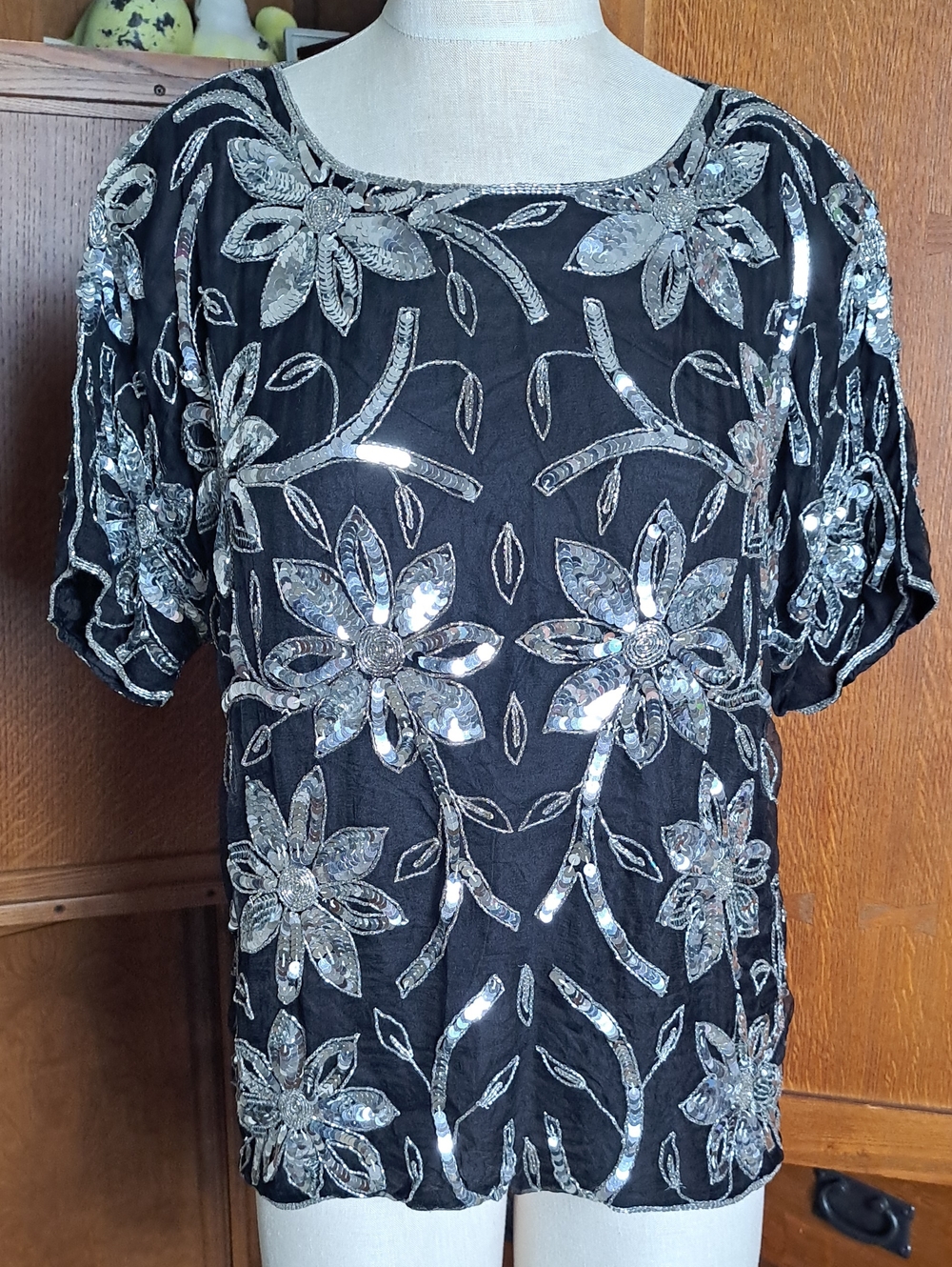 Vintage 80s Joseph LeBon Silk Beaded Top Deadstock Art Deco Blouse Large